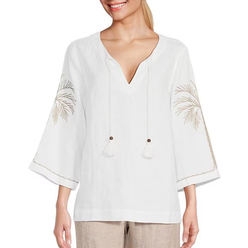 Tommy Bahama Breezy Palms Embroidered Split V-Neck Long Sleeve Tassel Tunic